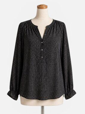 Vince Silk Blouse Sz Small Black Micro Geo Print Pullover Button Neck Flowy Top